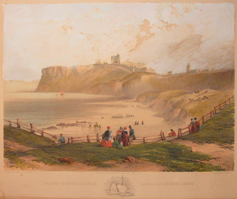 Lithograph - Scarborough Castle looking over the North Sands - Hawkins